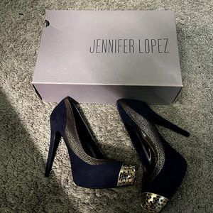 Jennifer Lopez - Navy Blue/Gold suede pumps